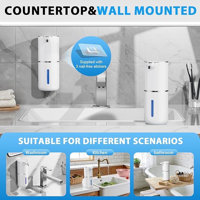 Fantictas Automatic Soap Dispenser,Touchless Automatic Foam Soap Dispenser 380ML, USB Charging 4 Adjustable Levels Wall Mount for Kitchen ＆ Bathroom, Shower Soap Dispenser, White