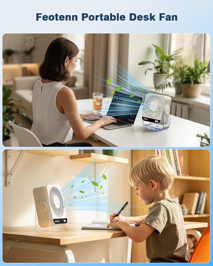 Small Desk Fan, Rechargeable USB Portable Fan, 199 Speeds, 5000mAh 18-Hour Battery, 120° Adjustable Tilt, Quiet Cooling Fans for Home Office Desktop Bedroom Kitchen Camping Travel Essentials (White)
