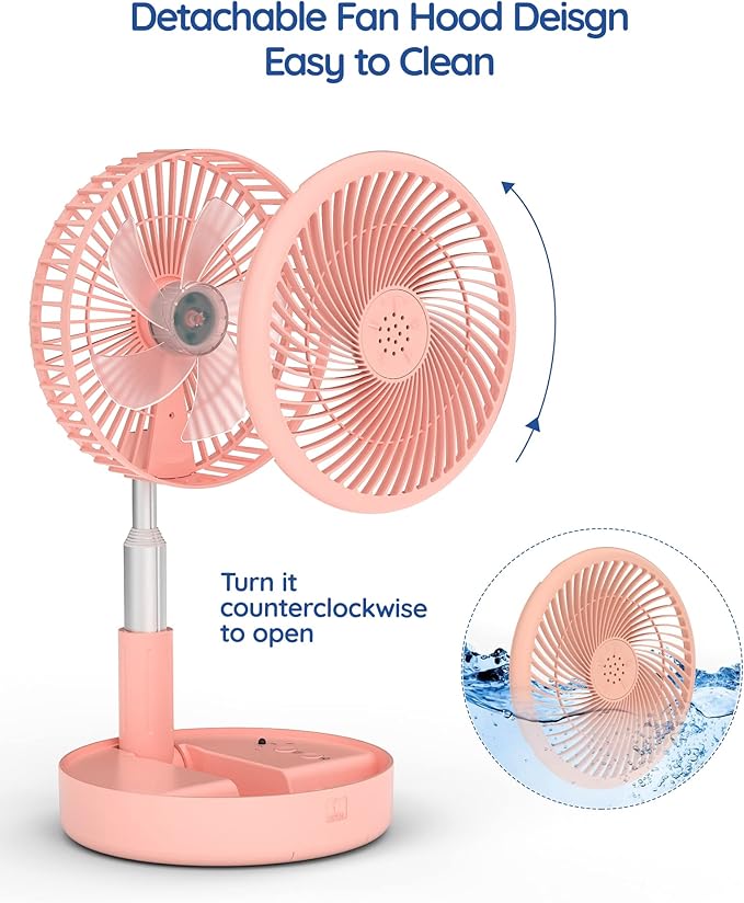 Primevolve Portable Fan,Battery Operated Rechargeable USB Fan with Remote, Foldable Floor Table Desk Pedestal Fan for Bedroom Camping Travel,Pink 7.7"