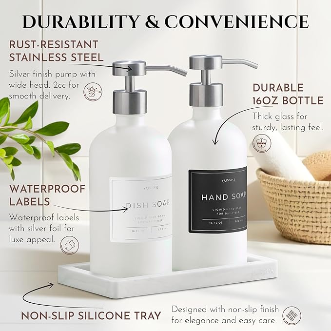 Glass Soap Dispenser Set of 2 (White) with Silicone Tray | Hand and Dish Soap Dispenser for Kitchen and Bathroom | 16.8 Oz Glass Bottles with Stainless Steel Pump & 15 Waterproof Labels (White/Silver)