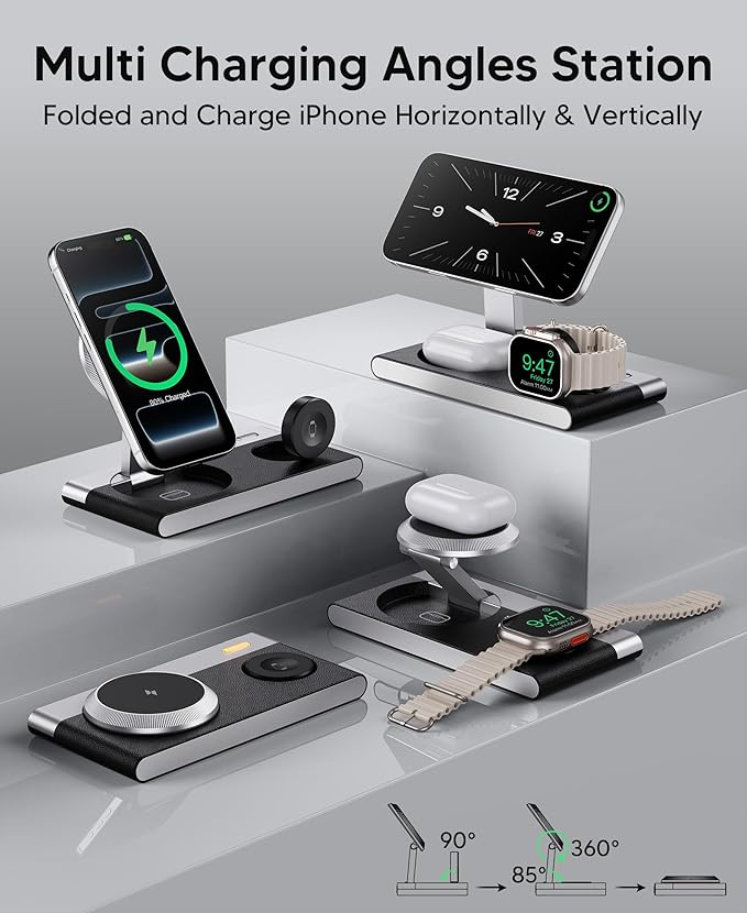 3 in 1 Magnetic Wireless Charging Station for Apple Devices,Foldable Wireless Charger Stand for Magsafe iPhone 17 Air 16/15/14/13/12,Apple Watch,AirPod,Wireless Charger Dock with Night Light