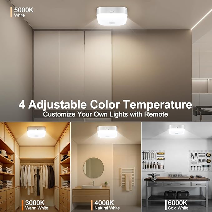 Yunaking Rechargeable Ceiling Light with Motion Sensor: Battery Operated LED Closet Light with Remote & Timing - Wireless Dimmable Magnetic Mount Shower Lamp for Bathroom/Stairs/Garage/Hallway