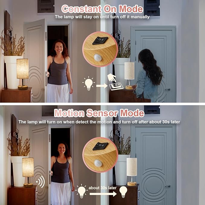 lifeholder Table Lamp with Motion Sensor or Constant on Mode, USB Lamp Include One LED Bulb, Built in 1 USB Port & 1AC Outlet, Bedside Lamp Idea for Bedroom, Hallway, Bath Room