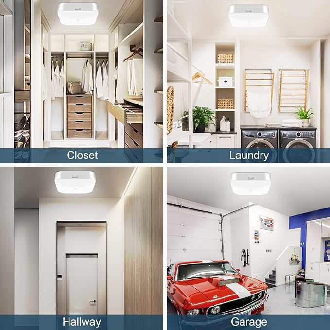 Rechargeable Motion Sensor Ceiling Light, Rechargeable Battery Operated Closet Light Wireless, 500LM Wireless Motion Activated Light for Shower Stairs Hallway Pantry Porch Garage, 5000K 2 Pack