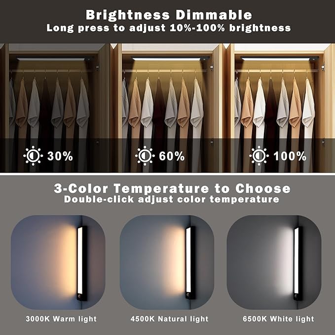 68 LED Motion Sensor Under Cabinet Lights, 3 Color Temps Indoor Dimmable Closet Light, Rechargeable Wireless Magnetic Strip Lights Night Light for Hallway, Stairway, Drawers, Wardrobe(2 Pack, 10 inch)