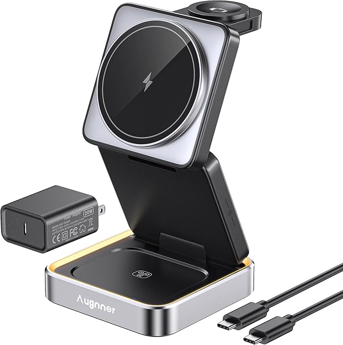 【2026 Upgraded】 Wireless Charger 3 in 1, Foldable Wireless Charging Station with Light for Apple Magnetic Charger, Travel Magnetic Charger Stand, Nightstand Fast 15W Charging Station (20W Adapter)