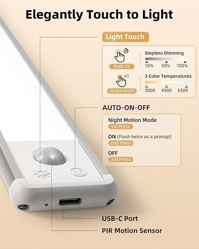 EZVALO 8-Inch LED Under Cabinet Lighting, Magnetic Wireless Motion Sensor Light, Rechargeable 1800mAh, 3 Color Temperatures & Dimmable, for Kitchen, Closet, Pantry, Stairs