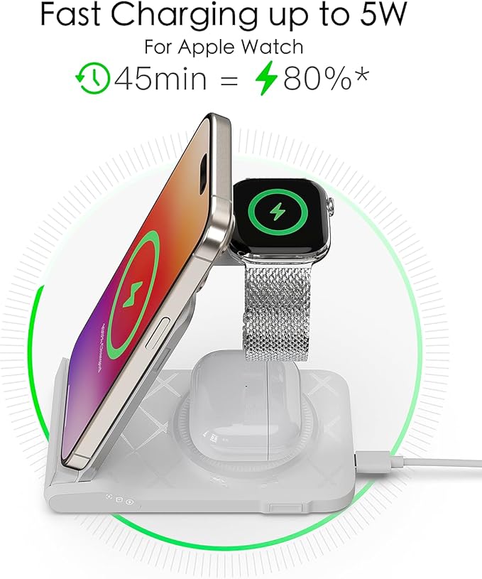 3 in 1 Charging Station for Multiple Devices,Travel Wireless Charging Station, Foldable Charger for iPhone 17 Air 16 15 14 13 12 Series,& Android Phone,& iWatch (USB-C Adapter Included)