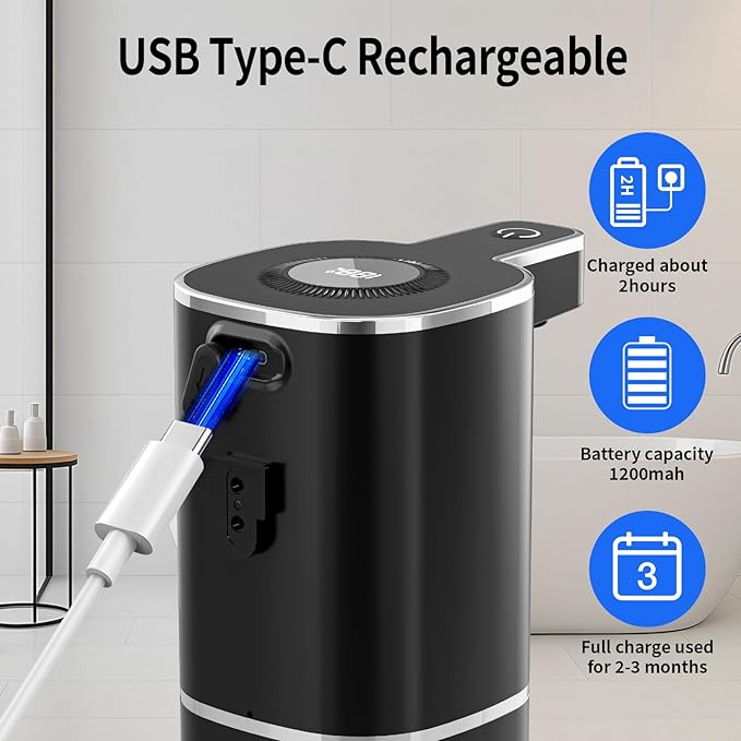 Automatic Liquid Soap Dispenser, Touchless Rechargeable Hand Soap Dispenser, 4 Adjustable Levels, 1200mAh Battery, Large Display, for Kitchen & Bathroom (Black, Liquid)