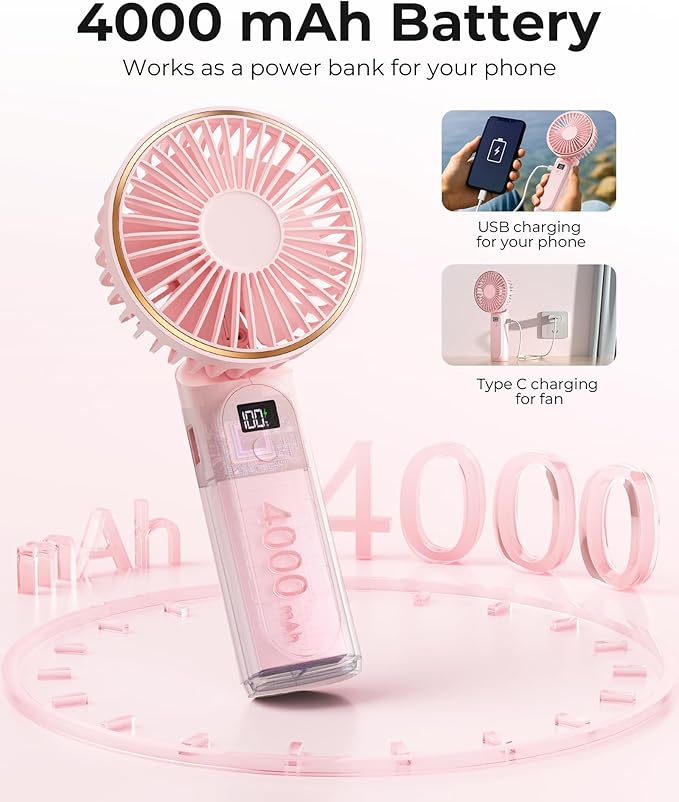 TUNISE Portable Handheld Fan, 4000mAh, 180 Adjustable, 6 Speed Wind, USB Rechargeable Foldable Fan with Real-Time Display