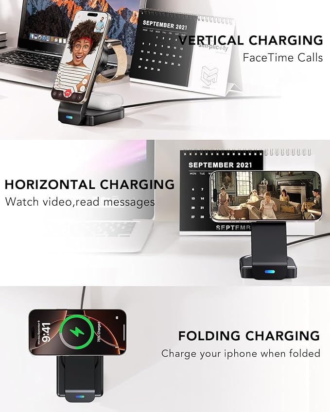 3 in 1 Wireless Charging Station Compatible with Apple,Foldable Magnetic Wireless Charger for iPhone 17/16/15/14/13/12,Apple Watch Series 11/Ultra 3/SE 3/10/9/8/7/6/5/4,Air-Pods Pro 3/4/3/Pro/2(Black)