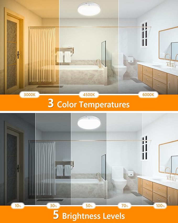 Rechargeable 8W Motion Sensor Ceiling Light Indoor, No Wiring & Magnetic Stick-On, Remote Control for Color & Brightness, Battery Operated Light for Shower, Closet, Bathroom, Pantry, Hallway, 1-Pack
