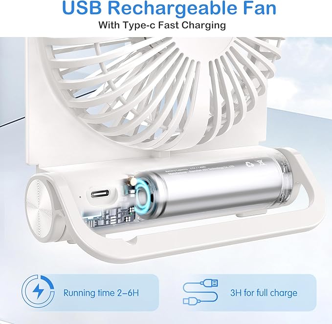 EasyAcc Small Travel Desk Fan, 4000 mAh Slim Portable Fan for Slumber Pod Camping, 180°Tilt Folding, Fully Foldable, Rechargeable, Office Desktop Desk Camping Travel Accessories