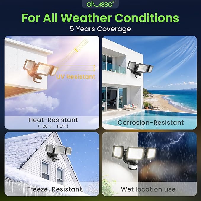ALUSSO Motion Sensor Outdoor Lights Hardwired(Not Solar),Flood Lights Outdoor 120V, Dusk to Dawn/Auto/On Time, 3CCT 3000K/4000K/6500K Security Light,ETL,3 Modes Classic Black 40W 4500LM