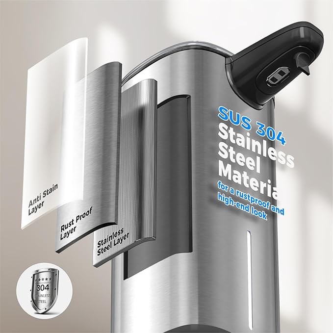 Sineng Automatic Soap Dispenser Touchless, 304 Stainless Steel Liquid Hand Soap Dispenser, 8.5oz/250ml 2 Adjustable Levels Water-Resistant and Rechargeable Kitchen Bathroom Soap Dispenser