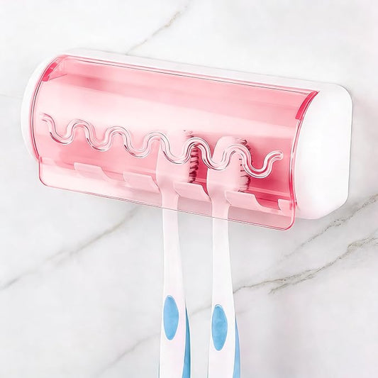 1 PCS Self Adhesive Toothbrush Holder with Cover for Bathroom, 5-Slot Wall Mounted Toothbrush Organizer Rack for Shower, Dorm, Cabinet (Pink)