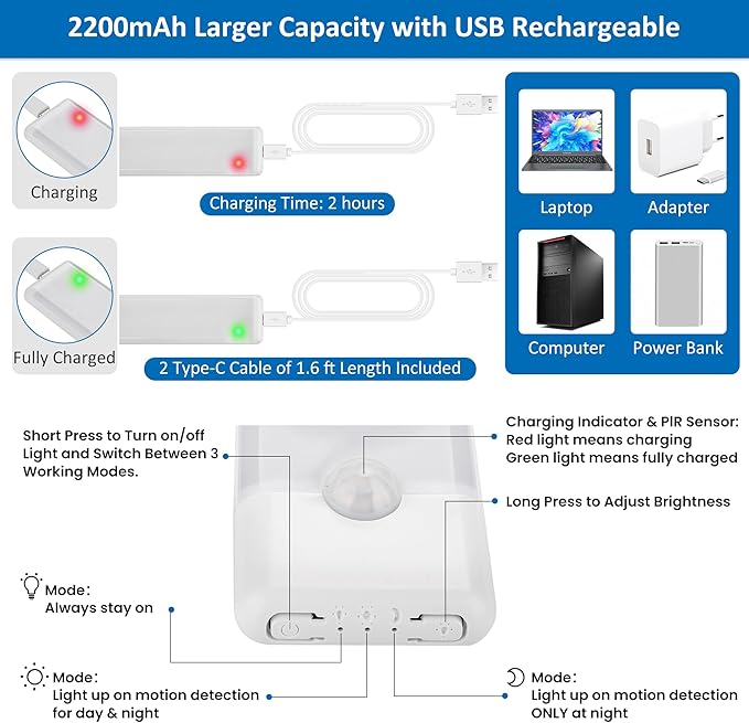 15.9 inch Motion Sensor Under Cabinet Lights, Magnetic Rechargeable Under Counter Closet Light, Wireless Night Light Bar Stick-On, Cool White, 3-Pack