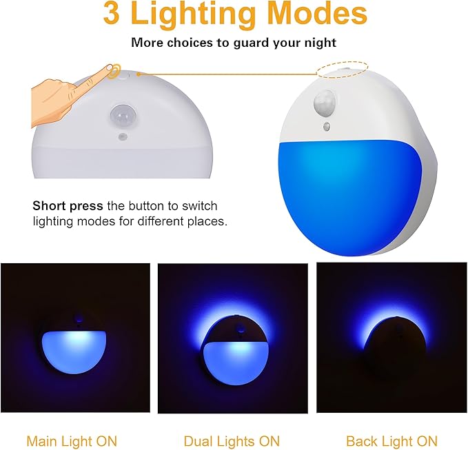 YUNLEX 2 Pack Blue Battery Night Light, Motion Activated Stick on Lights, 2.6" Small Travel Night Light, 3 Light Modes, Very Dim, Dimmable Battery Operated Lights for Toilet, Bathroom, Kids, Game Room