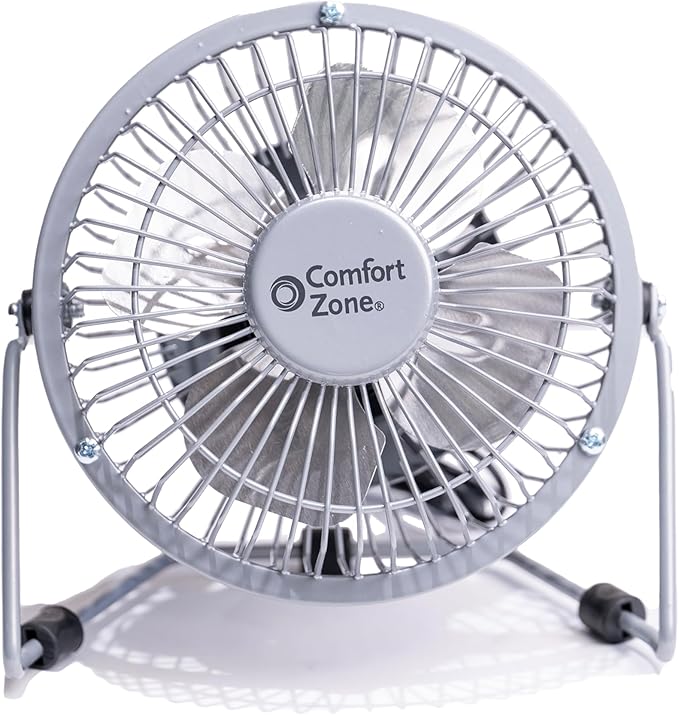 Comfort Zone 4-inch All-Metal Mini Desk Fan – High Velocity Portable USB Fan with 120V Wall Adapter, 360° Adjustable Tilt & Quiet Operation – Compact Electric Table Fan for Office, Home & Travel