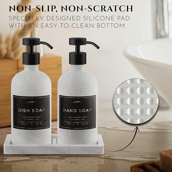 Glass Soap Dispenser Set of 2 (White) with Silicone Tray | Hand and Dish Soap Dispenser for Kitchen and Bathroom | 16.8 Oz Glass Bottles with Stainless Steel Pump & 15 Waterproof Labels (White/Black)