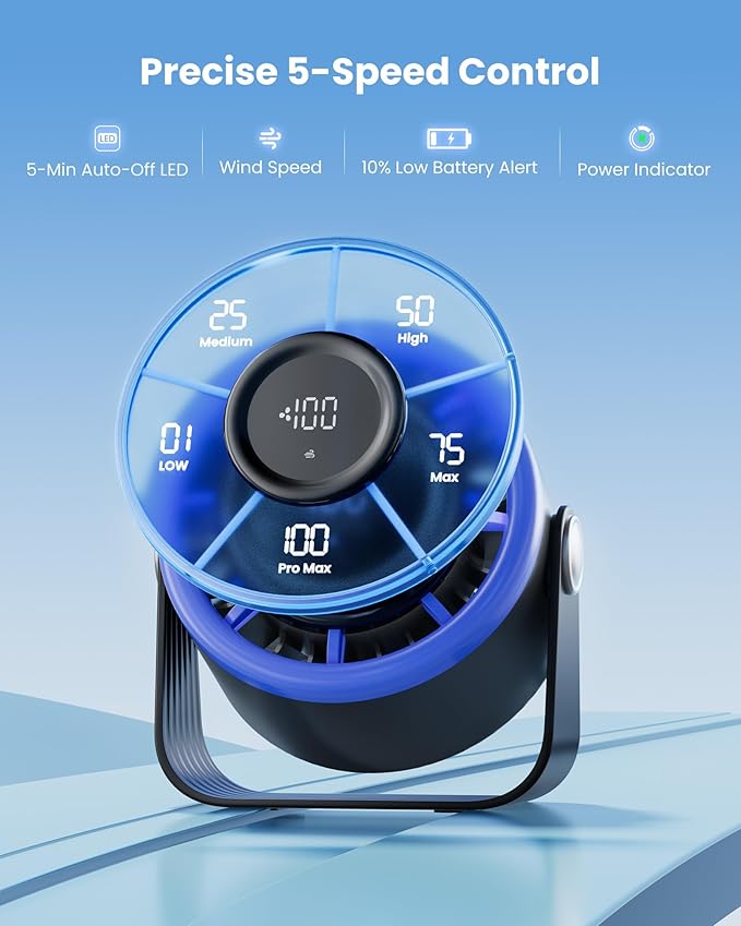 Gaiatop Small Desk Fan Rechargeable, Quiet Personal Table Fan, Touch Control Display, 360° Tilt, 5-Speed Strong Wind, 4000mAh Battery, Small Fans for Bedroom Dorm Office, Gifts for Women Men, Blue