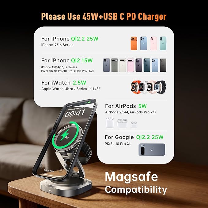 REWONDER 3 in 1 Wireless Charger Station - Qi2.2 25W Charging Stand - 360° Rotatable Metal Aluminum Dock Compatible with iPhone 17 16 15 14 13 & Apple Watch Ultra & AirPods Pro (Adapter Not Included)