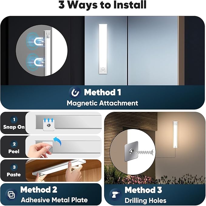 10 Inch Under Cabinet Lights, 2200mAh Rechargeable Battery Operated Motion Sensor Lights Indoor, Wireless Dimmable Closet Lights, 3 Color Under Counter Magnetic Night Lights for Kitchen, Stair, 3-Pack