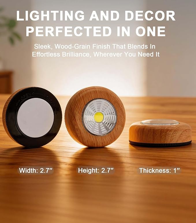 Small Push Light, 6 Pack Under Cabinet Lights Battery Powered, Wood Look LED Touch Light, Wireless Puck Lights Stick On for Kitchen, Wardrobe, Closet