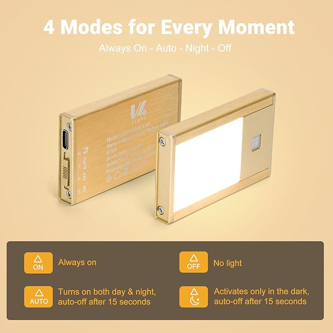 V4light Rechargeable Motion Sensor Night Lights, Ultra-Thin LED Stair Lighting for Safe Night Walking, Brushed Gold Aluminum Alloy, Magnetic Mount, 3000K Warm White Light, Ideal for Hallways & Stairs