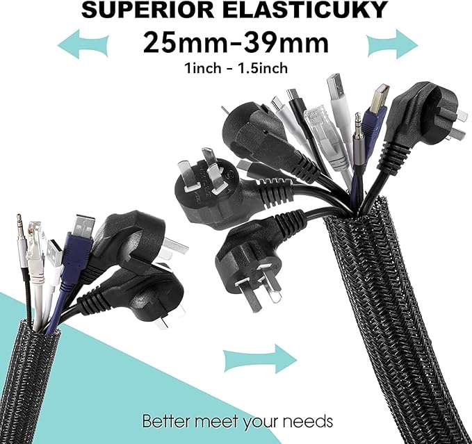 AGPTEK Cable Sleeve, 10ft - 1.5 inch Cable Management Desk Cord Cover Organizer Wire Hider for Home Office Computer TV Wire Loom Tubing Pet Proof Cord Protector from Cat Dog Chewing, Black