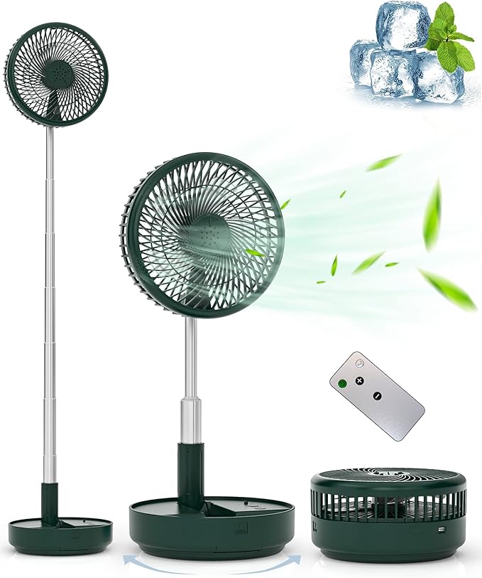 Primevolve Portable Fan, |21H Battery|7200mAh Rechargeable Oscillating Fan with Remote, Foldable Telescopic 7.7" for Travel Camping Cruise Hotel Bedroom, Green