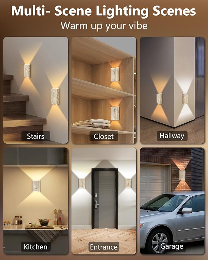 Rechargeable Motion Sensor Wall Sconce Set of 2 – 5000mAh Wireless Battery Operated Wall Light Indoor, 3 Colors Up/Down Lighting Magnetic Night Light with Remote Control for Bedroom, Hallway (Wood)