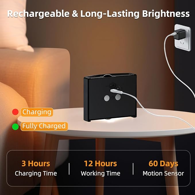 2 Pack Motion Sensor Wall Light, Rechargeable Wall Sconce with 3 Color Temperatures and Brightness Adjustable, Wireless Magnetic Mount for Bedroom, Stair, Hallway, Closet (1, Black)