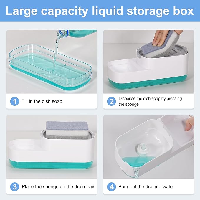 Dish Soap Dispenser for Kitchen Sink with Sponge Holder 3 in 1 Easy Refill Dish Soap Dispenser with Sponge Holder 20 Ounces Sponge Soap Dispenser- White