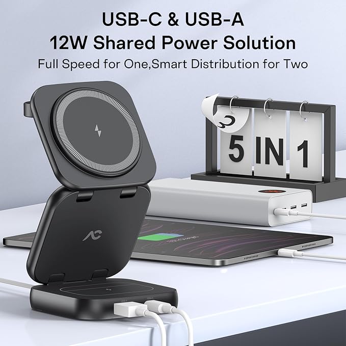 5-in-1 Wireless Charger for MagSafe, AC ISLAND Portable Travel Charging Station, 35W Max Qi2 Fast Foldable Magnetic Stand, Evolved for iPhone 17-12 Series, Apple Watch, AirPods (with 35W Adapter)