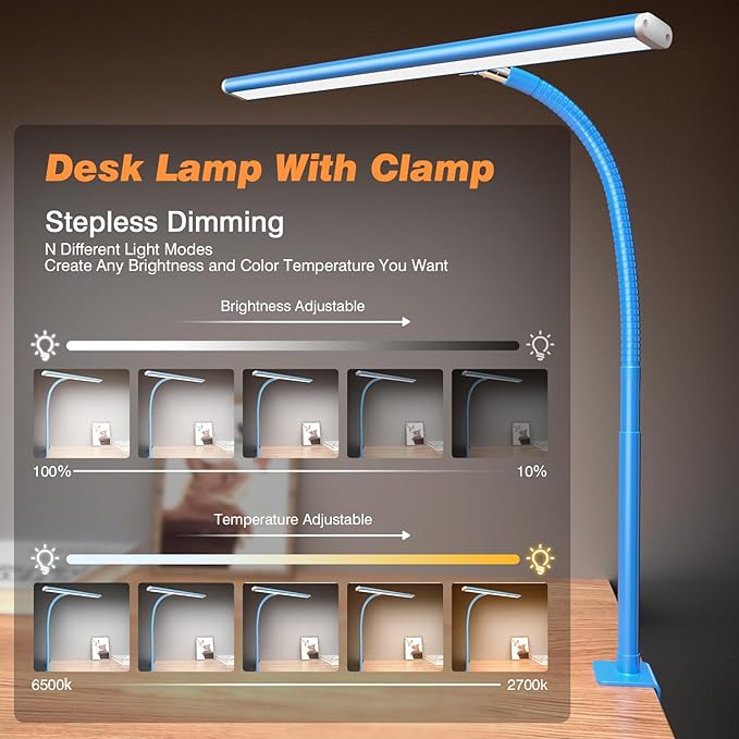 Airlonv LED Desk Lamp for Office Home, Eye-Caring Desk Light with Stepless Dimming Adjustable Flexible Gooseneck, 10W USB Adapter Desk Lamp with Clamp for Reading, Study, Workbench (Blue)
