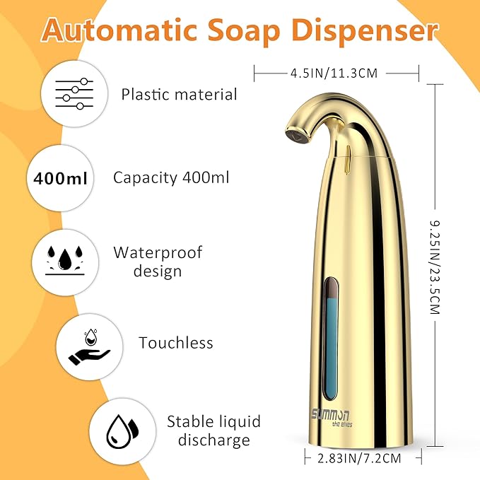 Automatic Liquid Soap Dispenser Touchless, Hand & Dish Countertop Gold Electric Dispenser with Sensor,Modern 4 Gear Adjustable Waterproof Battery Operated Kitchen Auto Soap Pump