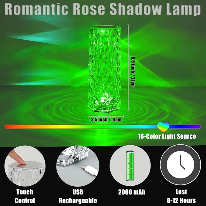 VoMii Crystal Lamp Touch, RGB 16 Colors Changing Night Light with Remote, Crystal Table Lamp Bedside Lamp, Rose Wave Diamond Night Light, Ambient Lighting for Bedroom/Game Room/Dinning Room