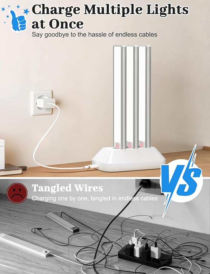 10in Under Cabinet Lighting with Charging Station, 2200mAh Rechargeable Wireless Motion Sensor Lights Indoor,Closet Lights with 3 Color Tempers, Battery Operated Cabinet Lights for Kitchen, 6-Pack