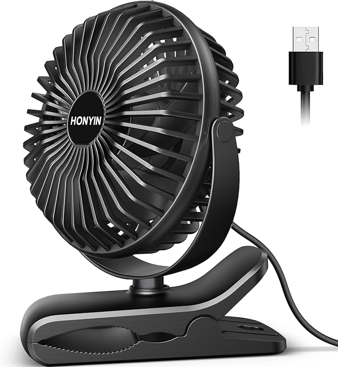 HONYIN 720° Rotation Small Desk & Clip on Fan with Sturdy Clamp, 3 Speeds, Quiet Little Personal Cooling Fan by USB Plug In, for Bedroom Office Desktop Treadmill