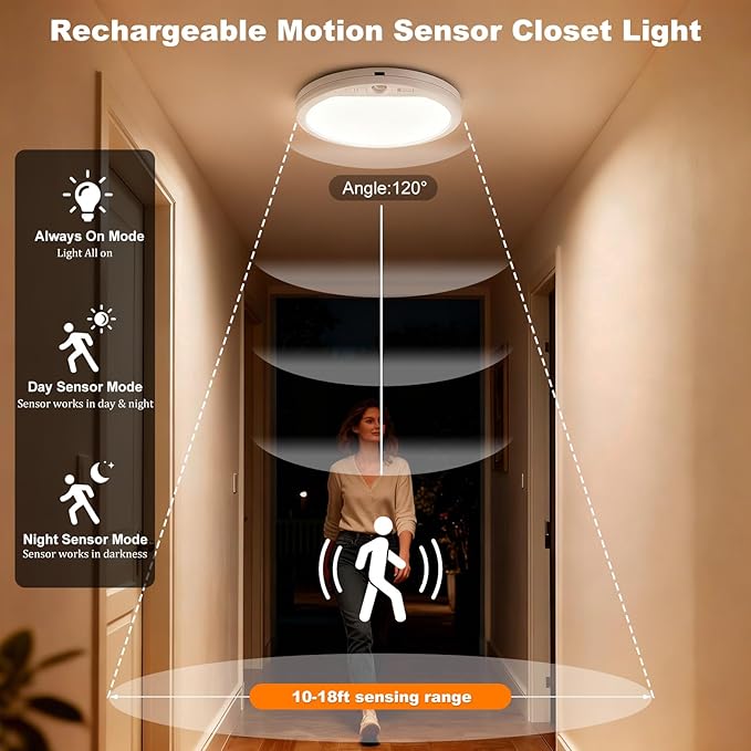 Rechargeable Ceiling Light Wireless Motion Sensor Closet Light Indoor with Remote Magnetic Ceiling Lights Battery Operated for Shower Stairs Shed Hallway Garage Pantry Porch