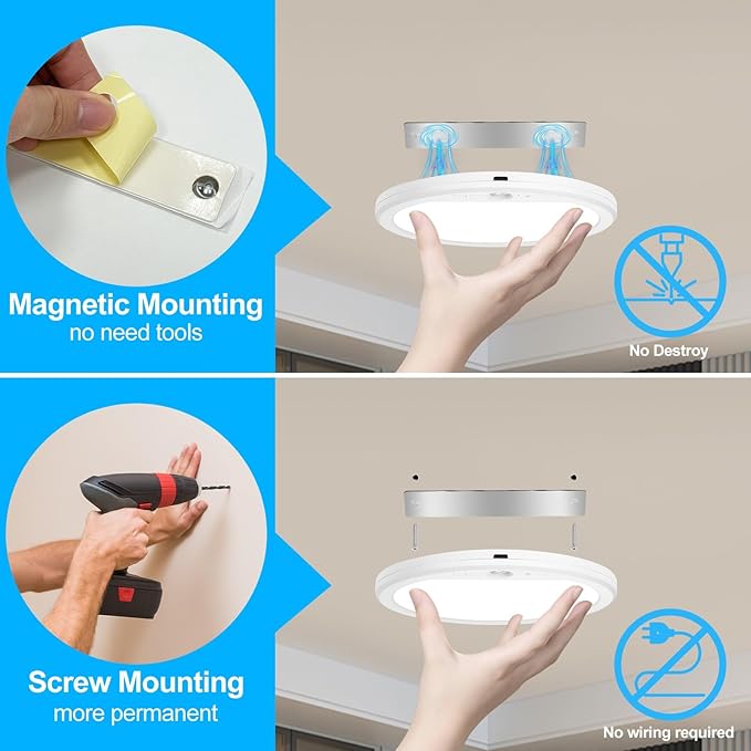 OSIDEN Rechargeable Motion Sensor Ceiling Light with Remote Battery Operated Closet Light Wireless Magnetic Stick-on Night Lights, 3 Color Temperatures & Dimmable for Shower, Shed, Hallway