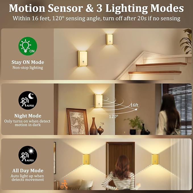 4 Pack Battery Operated Wall Lights - 5000mAh Rechargeable Motion Sensor Wall Sconce with Remote, 3 Colors Wireless Wall Lamp Magnetic Motion Sensor Night Light Indoor for Hallway Stairway, Gold