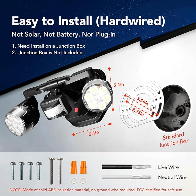 OREiN Outdoor Motion Sensor Security Light, 450° Adjustable 3-Head Floodlight, 2500 Lumens Bright Hardwired Dusk to Dawn Light, IP65 Waterproof, Black