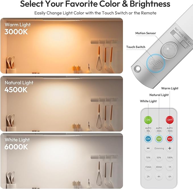 BLS 0.3" Ultra Thin Motion Sensor Under Cabinet Lights Plug in, 400LM 3 Color Dimmable LED Light Bar with Remote, USB Wired Under Counter Lighting for Kitchen Desk Shelf Workbench (No Battery), 17inch