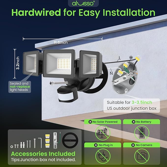 ALUSSO Motion Sensor Outdoor Lights Hardwired(Not Solar),Flood Lights Outdoor 120V, Dusk to Dawn/Auto/On Time, 3CCT 3000K/4000K/6500K Security Light,ETL,3 Modes Classic Black 40W 4500LM