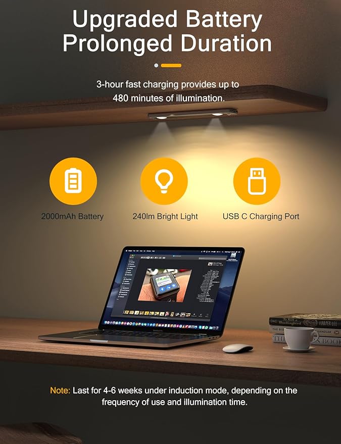 YIGER Under Cabinet Lights, Wireless Motion Sensor Light Indoor,10in LED Warm Lighting Rechargeable Battery Operated,4 Modes Night Light, Stick-On Magnetic Closet Lights for Kitchen, Hallway(2 Pack)