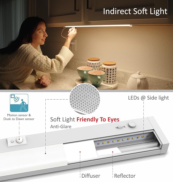 Leetdud LED Under Cabinet Lighting Motion Sensored Hardwired with Built-in Dimmer, 24 Inch 12W Dimmable 5 Color 2700/3000/3500/4000/5000K, Linkable Eyes Care for Kitchen, Counter, ETL Listed, White