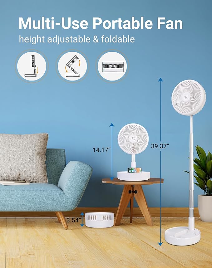 Primevolve Portable Fan,Battery Operated Rechargeable USB Fan with Remote, Foldable Floor Table Desk Pedestal Fan for Bedroom Camping Travel,White 7.7"