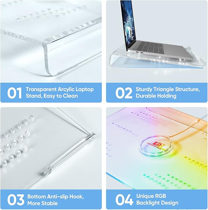 Acrylic Laptop Stand Clear Tablet Holder with 366 Kinds of RGB Backlight,Multiple Heat Dissipation Vents Ergonomic Tilted Mount Riser for PC,Notebook,MacBook,Phone from 10 to 17.3 Inch Work/Home